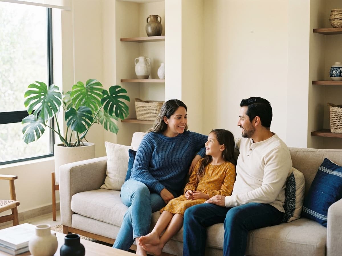 Familia mexicana conversando en la sala de su casa con luz cálida