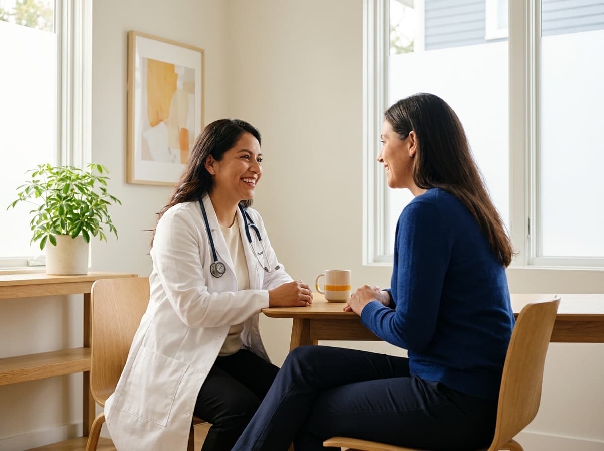 Médica atendiendo a una paciente en un consultorio luminoso